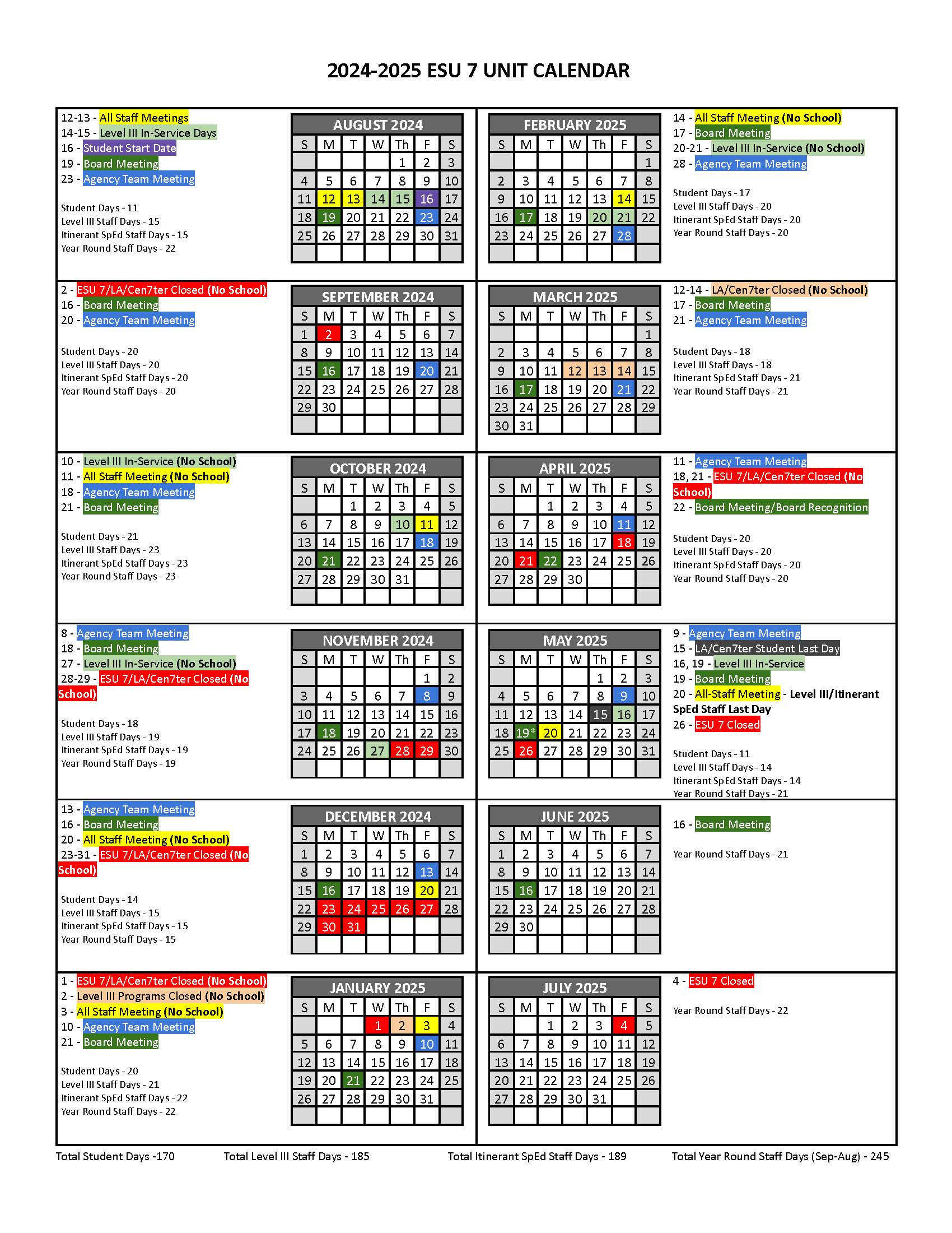 2024-2025 Unit Calendar